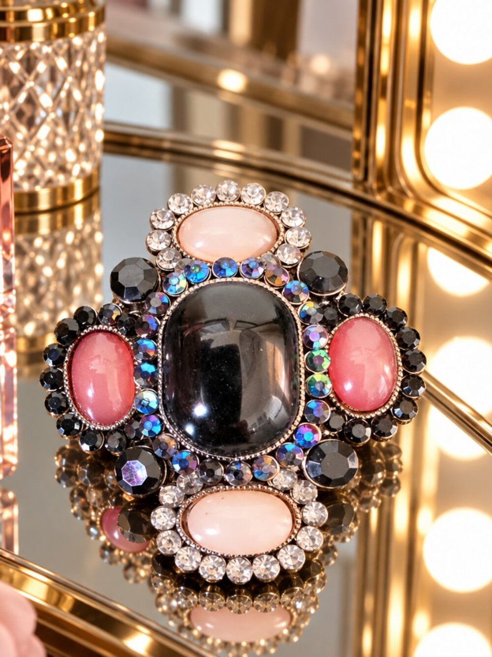 Elegant Black and Pink Crystal Starburst Brooch